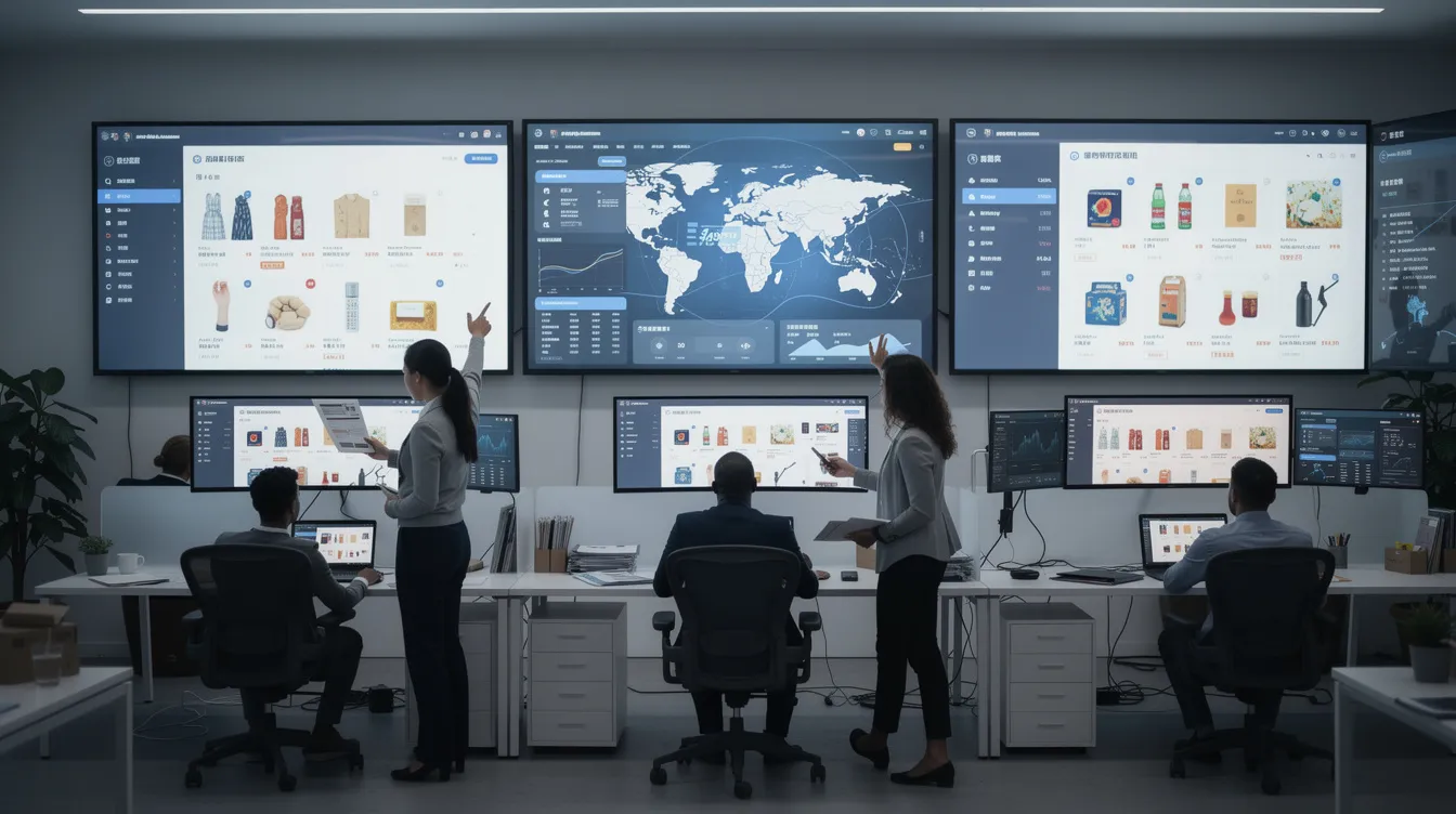 The image displays multiple screens showcasing global ecommerce operations, featuring various regional storefronts managed through the Shopify platform. It highlights the integration of Shopify apps, payment solutions, and custom development tools essential for businesses expanding into new markets.