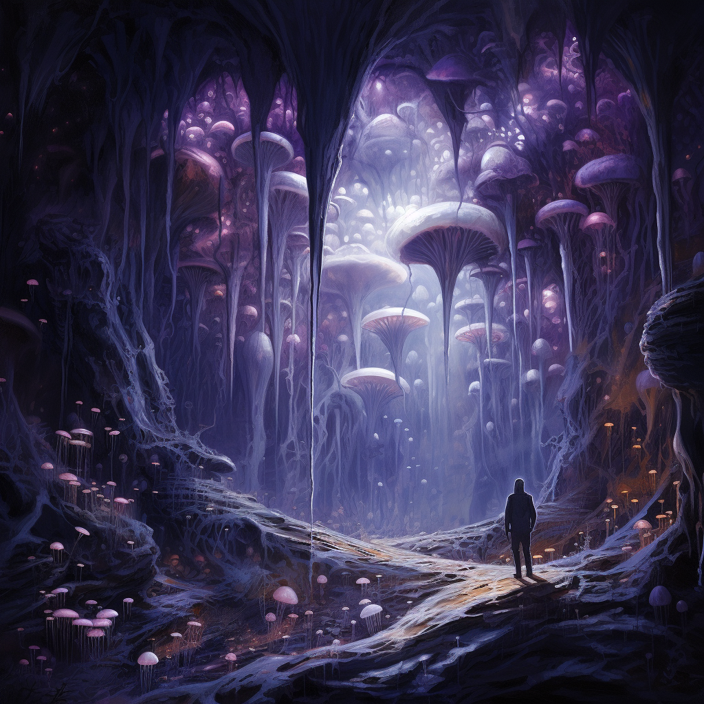The party has travelled through the mines further than any before them, the mine shaft gives way to a vast cavern of glowing fungus that illuminates a hidden world.