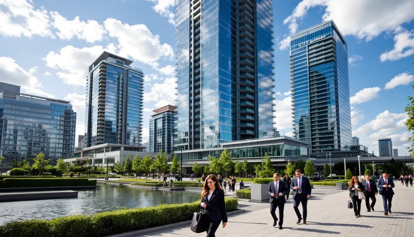 In a bustling Surrey business district, modern office buildings tower over professional workers walking briskly along the sidewalks, showcasing the urban convenience and vibrant life in this great location. The scene reflects the perfect blend of Surrey's rich history and contemporary business culture, making it an ideal place for residents and visitors alike.