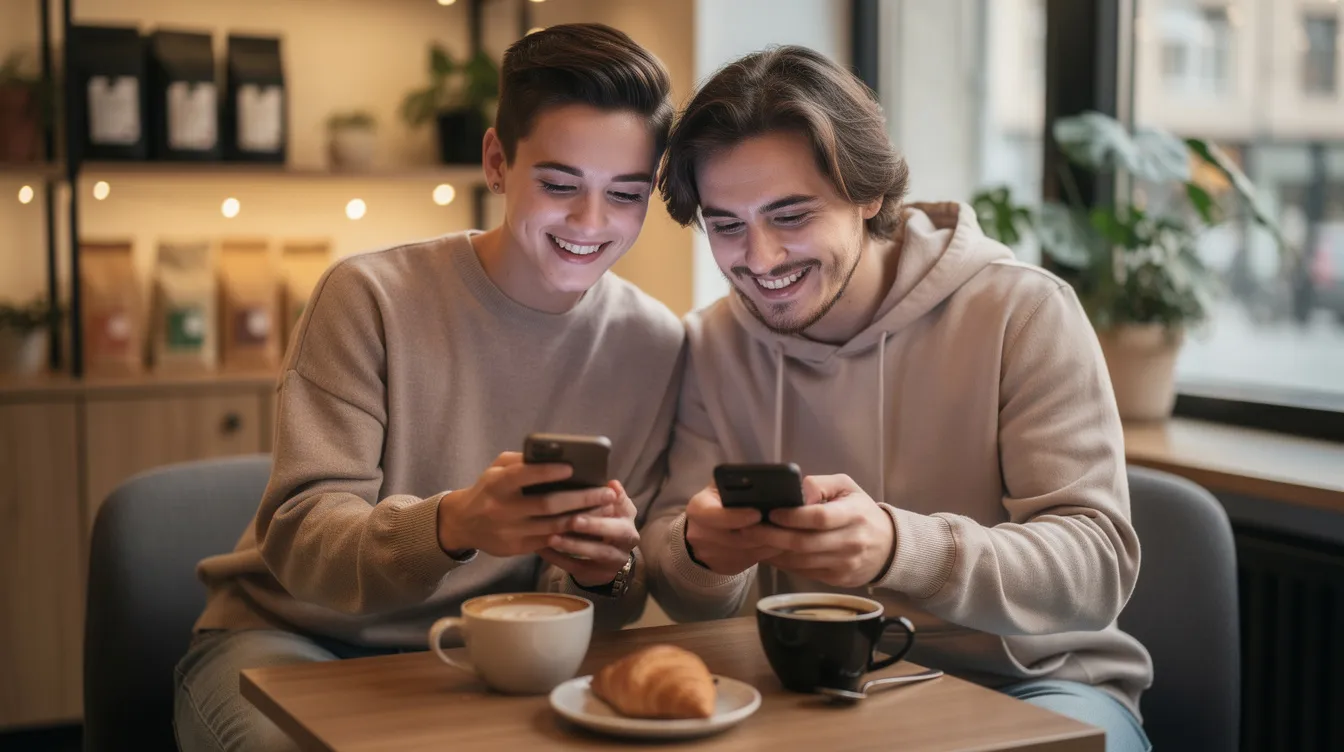 A couple is sitting at a coffee shop, both smiling as they look at their phones, suggesting a moment of shared interests and emotional intimacy. Their relaxed demeanor reflects a healthy relationship, where they likely engage in fascinating conversations and enjoy quality time together.