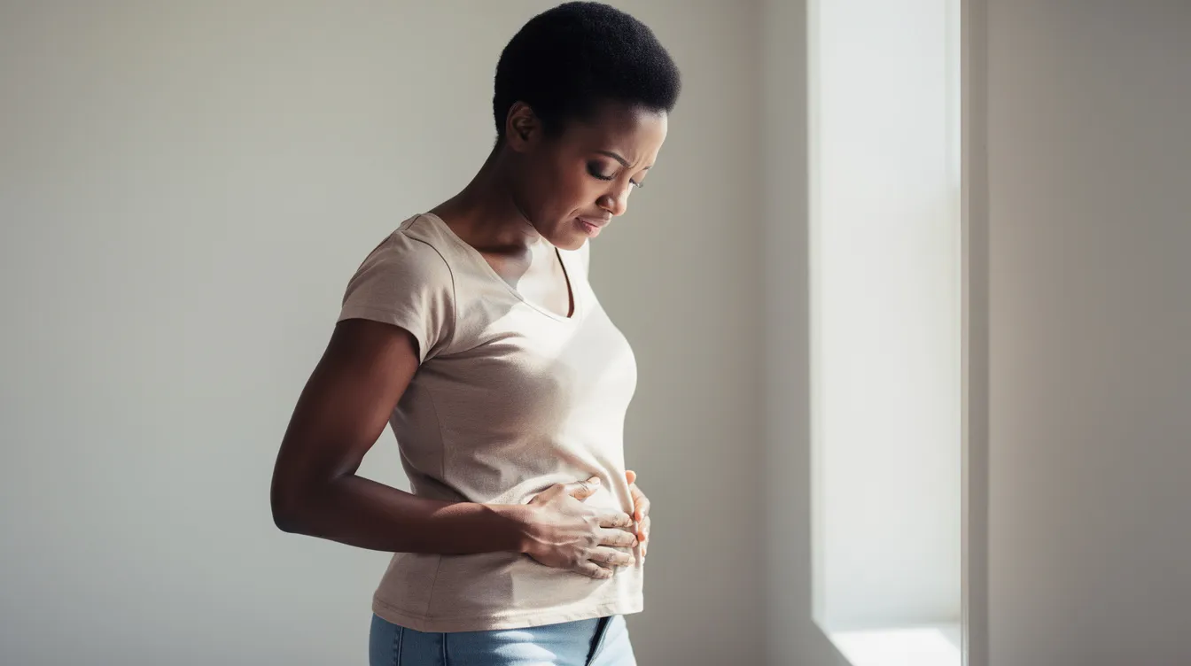 A Black woman in her late 30s to mid-40s stands sideways, looking down at her lower abdomen with a concerned yet composed expression, highlighting the impact of uterine fibroids on weight gain and symptoms like abdominal bloating. The clean, minimal background emphasizes her relatable, casual attire, signaling that this article addresses the serious health concerns many women face regarding fibroids and their effects on the body.