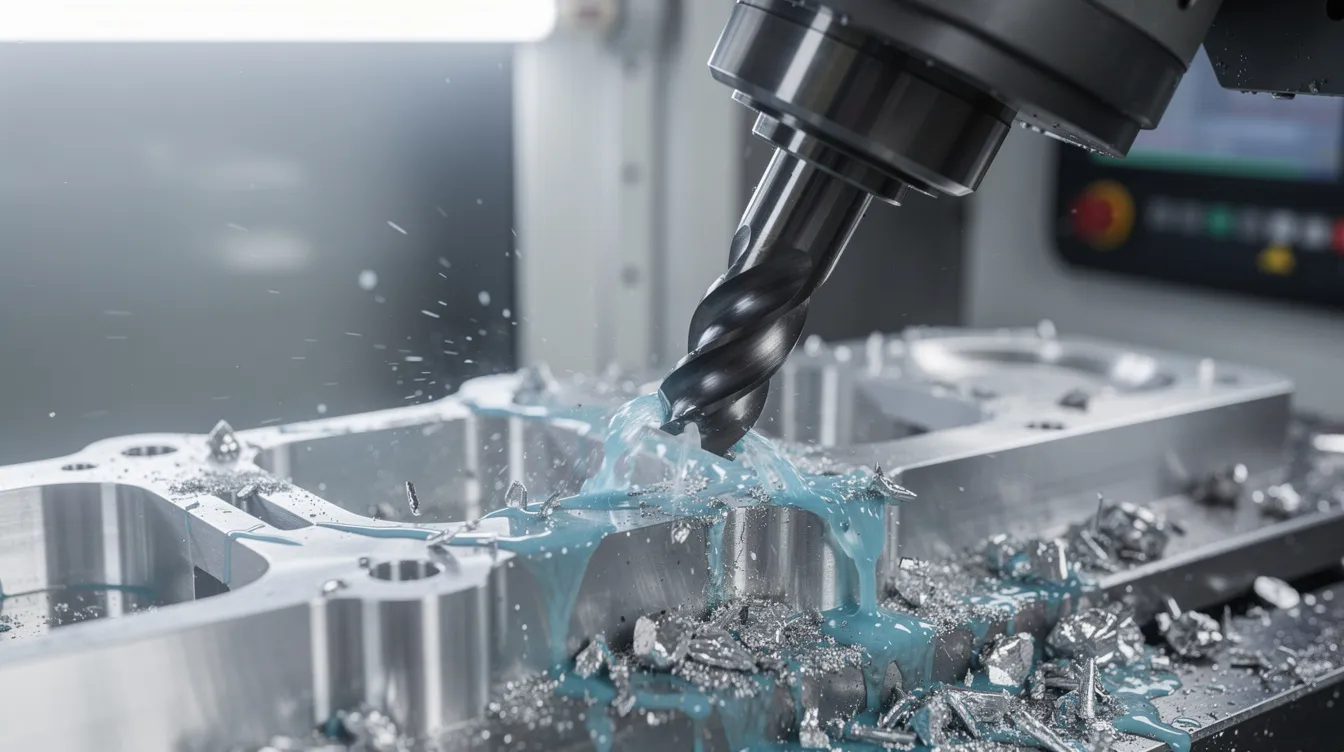 The image shows a close-up of a 5-axis CNC milling machine in action, precisely cutting an aluminum aerospace bracket while coolant flows to maintain optimal performance. This scene highlights the intricate aerospace components being manufactured through high precision CNC machining services for the aerospace industry.