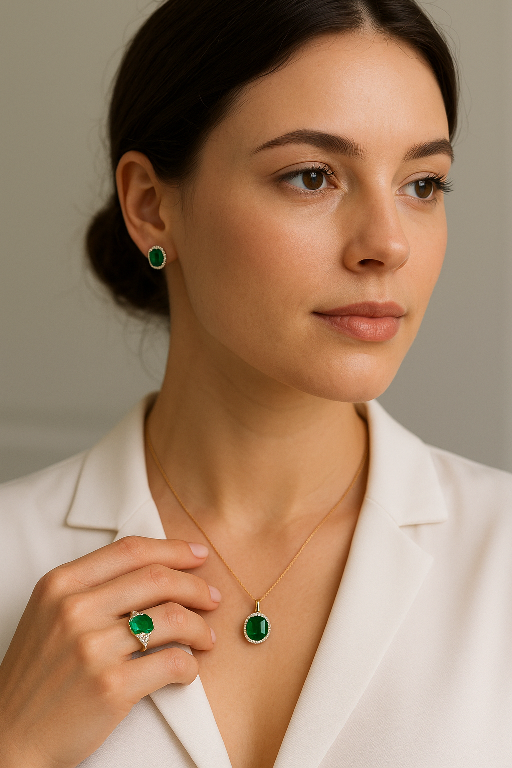 Auskarai ir pakabukas su smaragdais ant moters