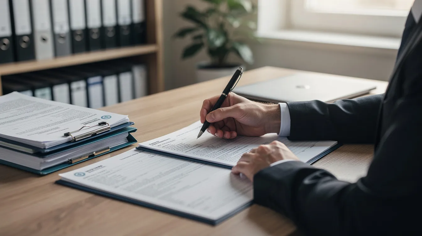 Eine Person sitzt an einem Schreibtisch und füllt offizielle Formulare aus, während neben ihr ordentlich gestapelte Dokumente liegen. Diese Szene könnte für einen Antrag auf Bürgergeld oder zur Klärung von Vermögensfragen im Rahmen von Sozialleistungen stehen.