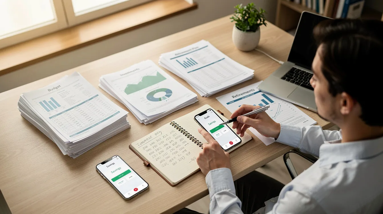 A person is sitting at a desk, surrounded by documents and a phone, carefully planning their financial future. They appear focused on assessing their 清 數 and considering options for private loans and repayment plans.
