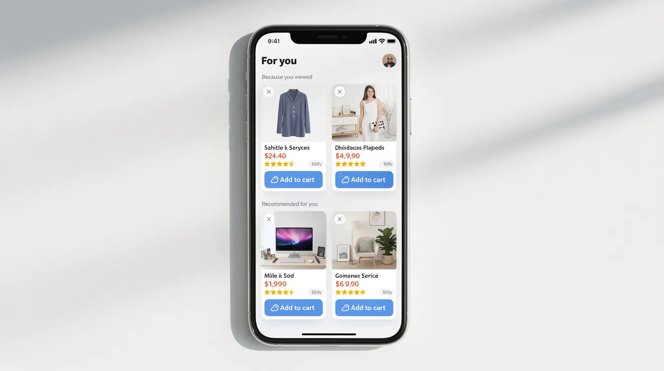 Mobile shopping app interface featuring personalized AI-powered product recommendations based on customer behavior and purchase history