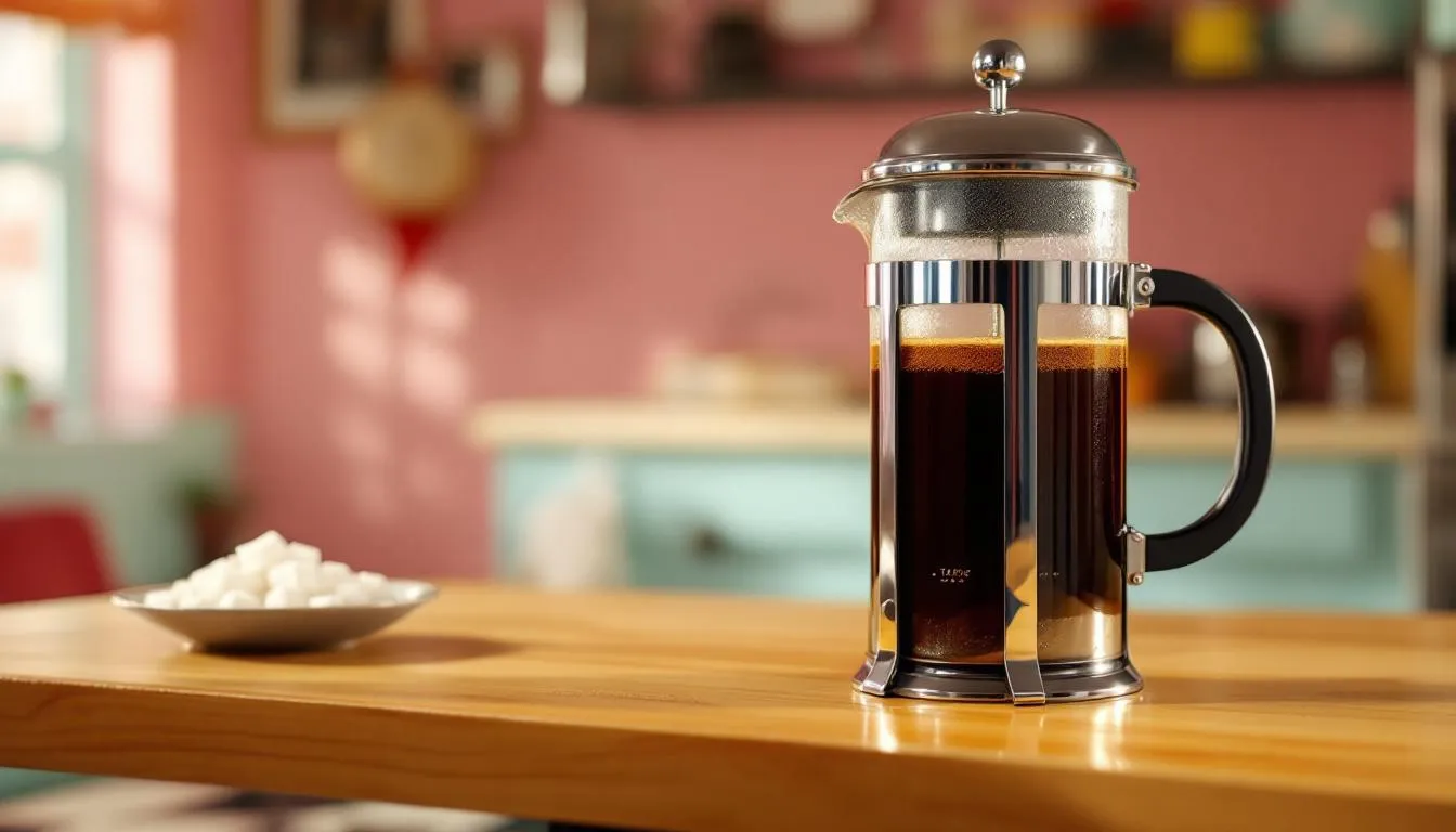 A French press with brewed coffee, showcasing the brewing process.