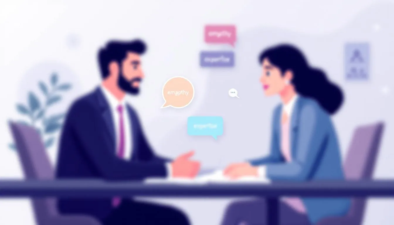 Key qualities to look for in a divorce lawyer, featuring a blurred image of an attorney and a client in discussion.