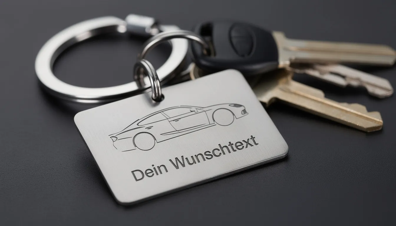 Das Bild zeigt einen individuell gravierten Schlüsselanhänger in Form einer Fahrzeugsilhouette, ideal als Geschenk für Autoliebhaber und Autofans. Der Anhänger kombiniert persönliche Note mit einem eleganten Design und ist eine kreative Geschenkidee für jeden Anlass.