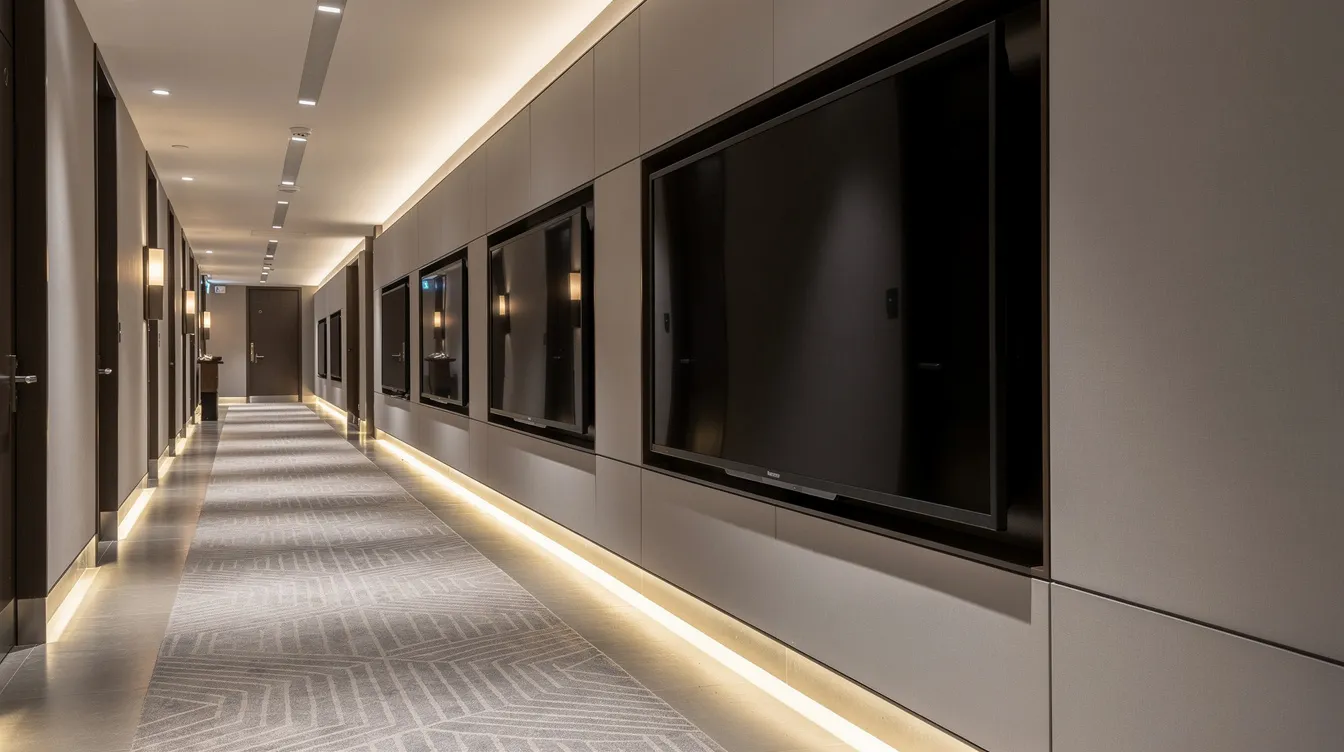 The image features a modern hotel corridor showcasing multiple flat-screen TVs securely mounted in a row on the wall, with concealed wiring for a sleek and clean appearance. The installation highlights sturdy hardware and a well-organized space, creating a sophisticated atmosphere for guests.