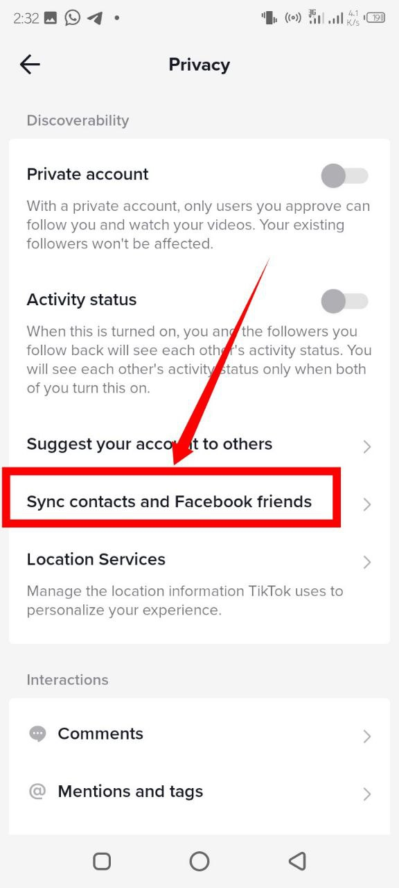 Screenshot showing the selection of the "sync contacts and facebook friends" option
