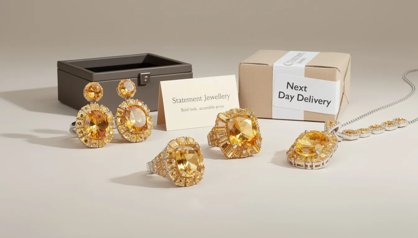 The image features a stunning pair of citrine earrings, showcasing the vibrant yellow hues of the gemstones set in elegant designs. Perfect for making a bold statement, these earrings exemplify the affordability and beauty of citrine jewellery, ideal for special occasions or last-minute gifts.