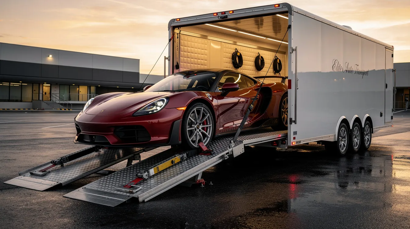 A luxury sports car is being carefully loaded into an enclosed auto transport trailer, ensuring added protection during the vehicle shipping process. This scene highlights the professionalism of a car shipping company, emphasizing the importance of secure transportation for valuable cars in San Antonio, TX.