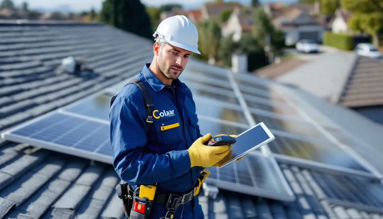 Un technicien professionnel inspecte des panneaux solaires installés sur le toit d'une maison, utilisant des outils de diagnostic pour évaluer leur performance dans le cadre de l'énergie solaire. Cette action contribue au développement des énergies renouvelables et à l'optimisation de la production d'électricité au Québec.
