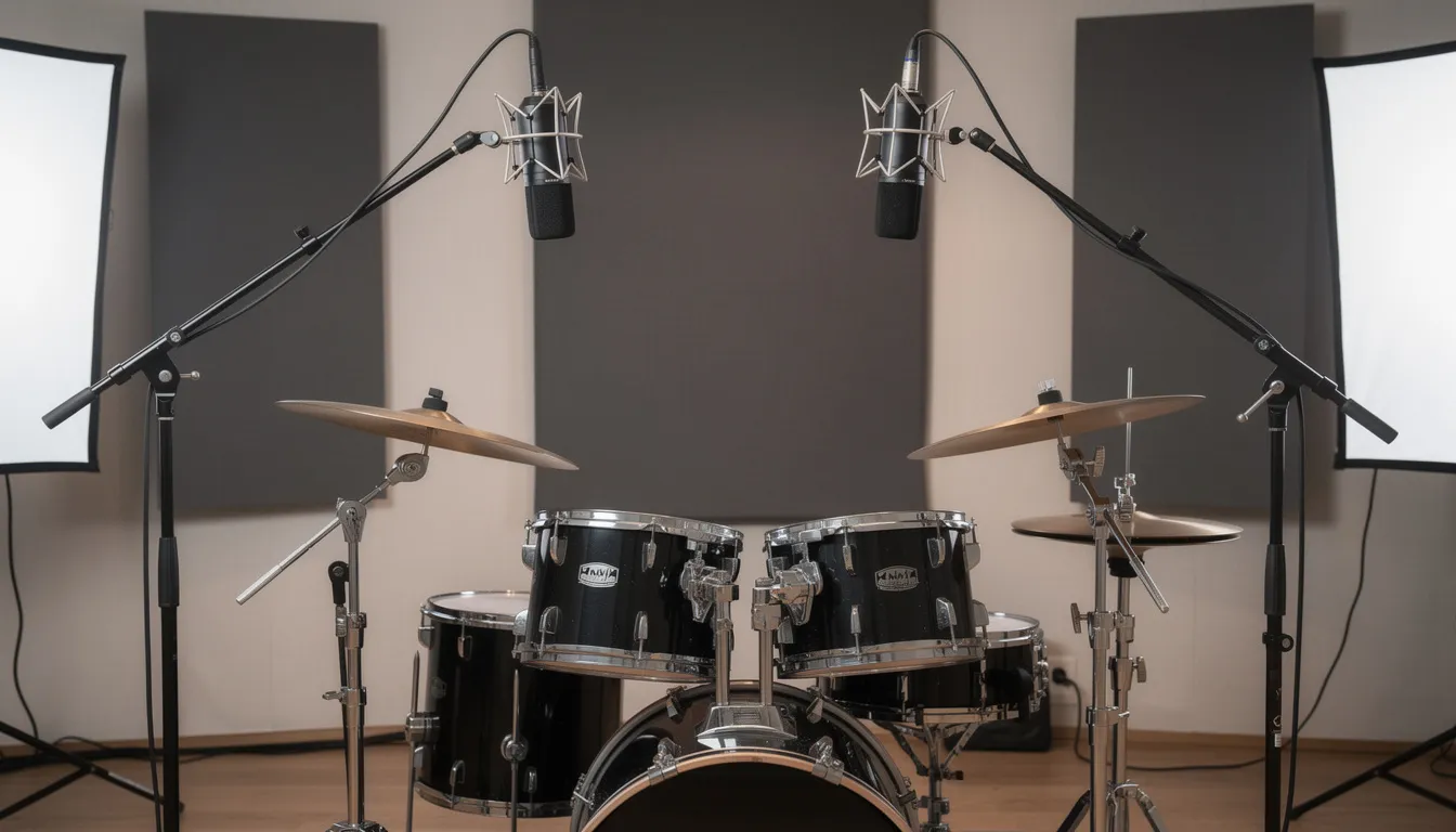 Das Bild zeigt ein professionelles Studio-Setup mit zwei symmetrisch angeordneten Overhead-Mikrofonen, die über einem Schlagzeug positioniert sind. Die Mikrofone, die für die Aufnahme von Drums optimiert sind, erfassen den Klang der Snare und Toms mit hoher Präzision.