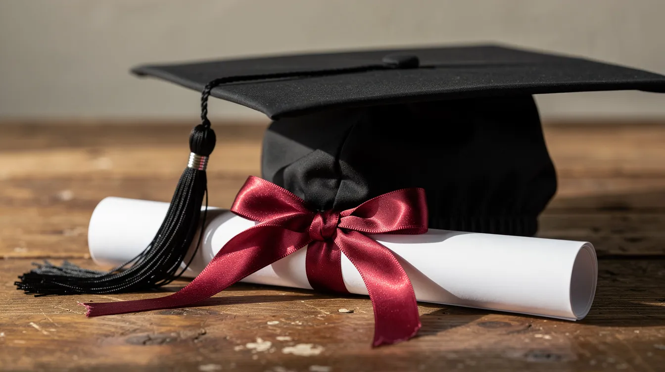 A graduation cap is placed on top of a rolled diploma secured with a ribbon, resting on a wooden surface. This image symbolizes the celebration of academic achievements, often associated with university diplomas and graduation ceremonies.