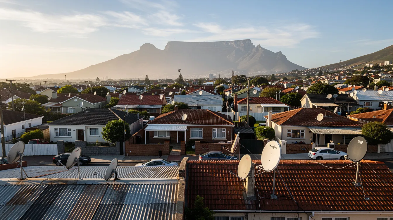 A panoramic view of Cape Town suburbs showcases various residential homes, many adorned with satellite dishes on their rooftops, indicating the presence of DSTV installations. This scene highlights the importance of professional technicians for reliable installation services and maintenance of DSTV systems in the area.