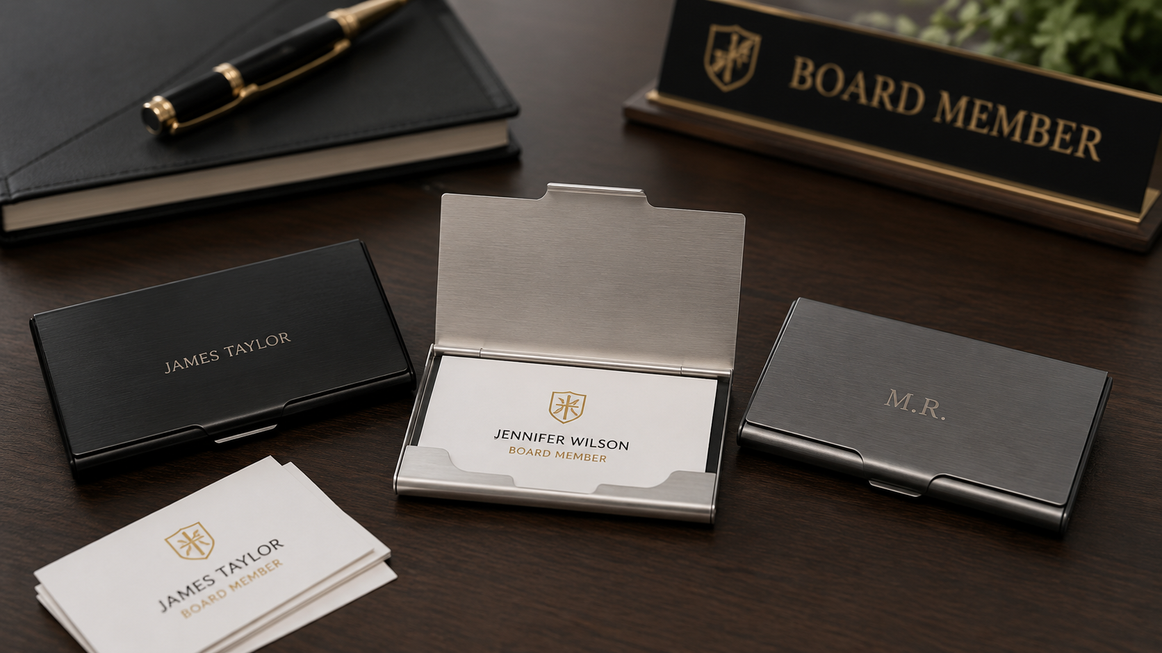 Metal business card holders engraved with board member names and initials