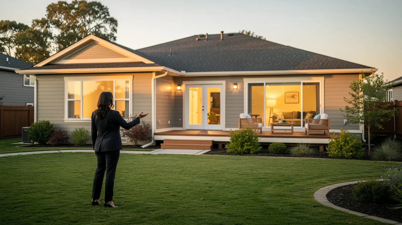 A realtor is standing at the back of a home, showcasing its exterior features to potential buyers. The scene highlights the importance of real estate agents in connecting clients with properties, emphasizing the role of professional listings and effective property search tools in the real estate business.