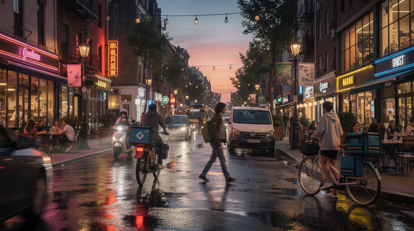 The image depicts a busy urban street at dusk, lined with various restaurants and delivery vehicles navigating the bustling scene. The atmosphere captures the vibrant energy of city life, highlighting the importance of safe driving and the potential for car accidents, which may lead to personal injury cases requiring the expertise of a Pasadena personal injury attorney.