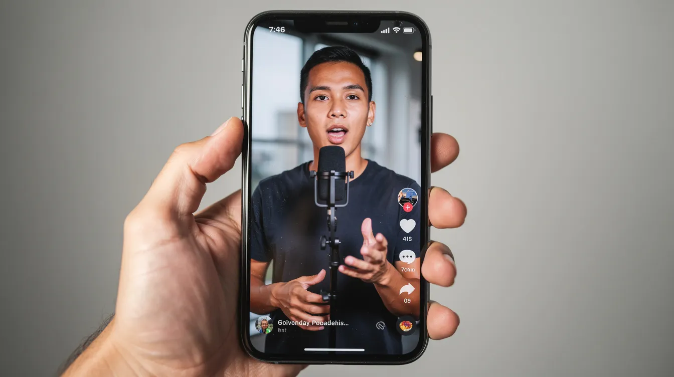 A smartphone screen displays a vertical short-form video clip featuring a person speaking into a microphone, likely part of a video podcast episode. The clip emphasizes the importance of quality audio and professional video podcast production for engaging content on social media platforms. A smartphone screen displays a vertical short-form video clip featuring a person speaking into a microphone, likely part of a video podcast episode. The clip emphasizes the importance of quality audio and professional video podcast production for engaging content on social media platforms.