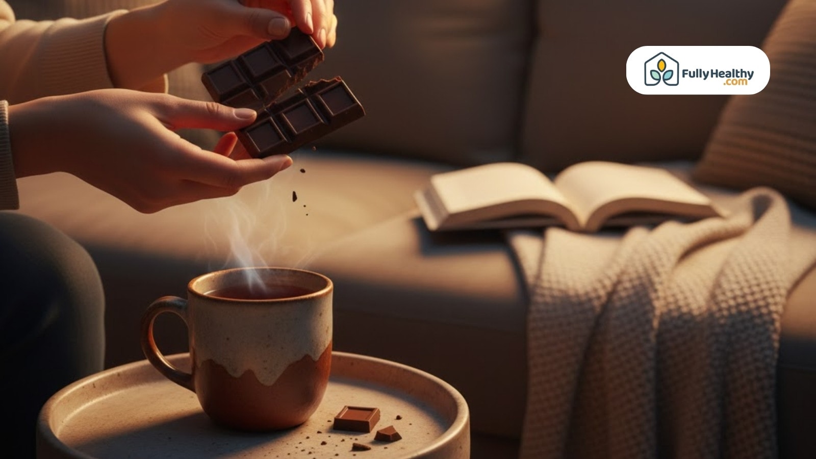 Breaking chocolate bar into hot drink with book and blanket on cozy table setup