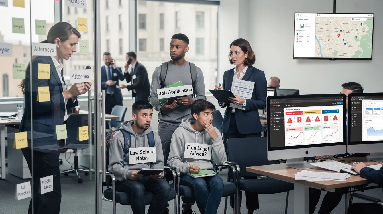 The image depicts a diverse group of professionals engaged in discussions and activities related to law firm marketing, showcasing teamwork and collaboration. It emphasizes the importance of targeted strategies, such as optimizing for specific legal services like "divorce attorney," to attract prospective clients and improve law firm growth.
