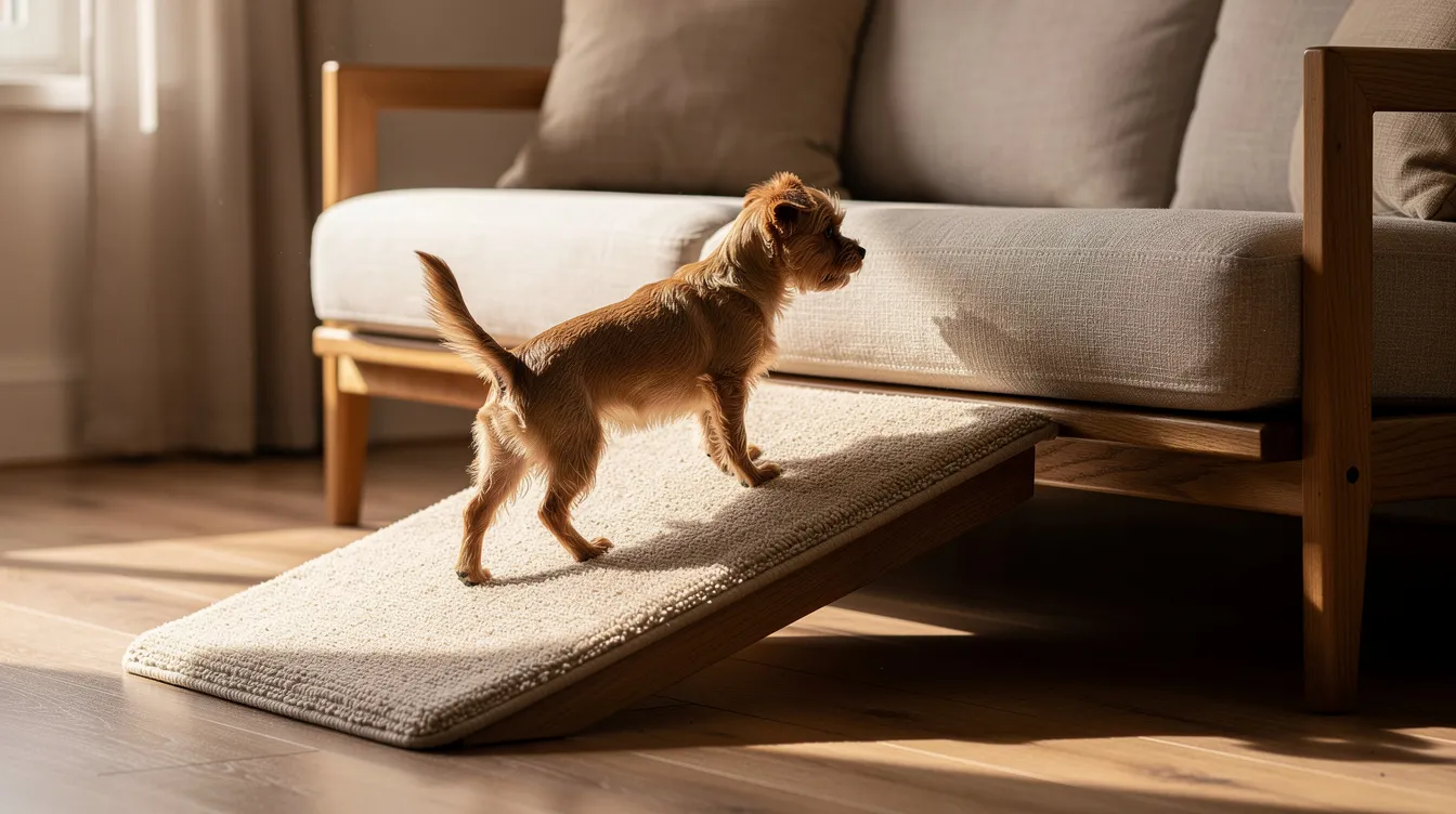 A small dog is calmly walking up a carpeted indoor ramp beside a sofa, demonstrating how dog ramps can help furry friends navigate furniture with ease and safety. This gentle incline is ideal for older dogs or small breeds that may struggle with stairs due to joint issues or arthritis.