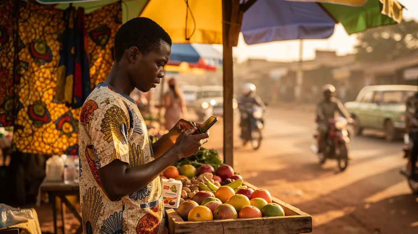 The image shows a person using a mobile phone to make a contactless payment at a small market stall in a bustling African town, illustrating the growing trend of digital payments and mobile money solutions in everyday transactions. This scene highlights the convenience of mobile wallets and digital financial services in facilitating secure transactions for local vendors and customers alike.