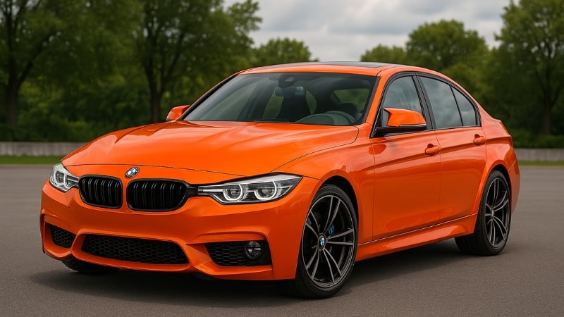 A BMW wrapped in bold orange glossy vinyl wrap