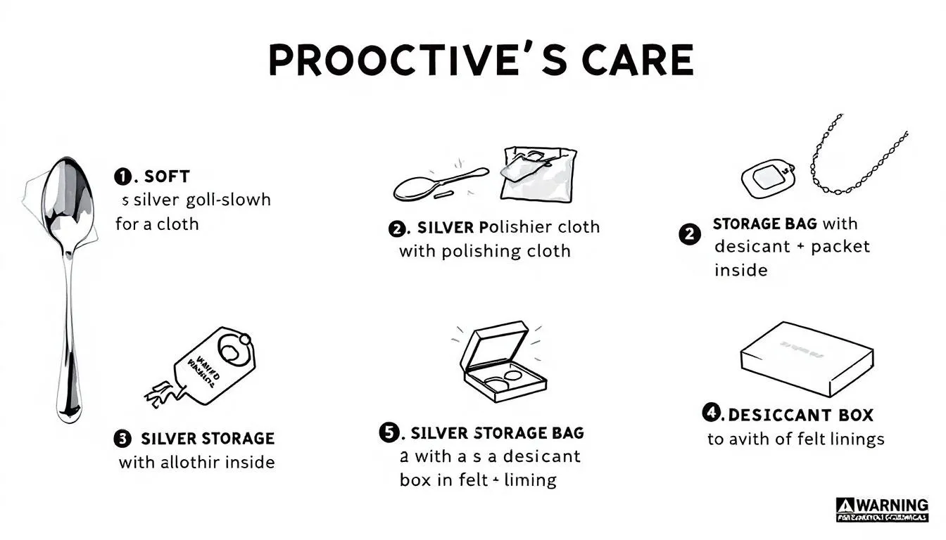 The image features a collection of various silver jewellery pieces, including rings, necklaces, and bracelets, displayed in a jewellery box. The pieces are shiny and clean, illustrating proactive care tips to prevent tarnishing, such as regular cleaning with a soft cloth and storing them in a moisture-free environment.