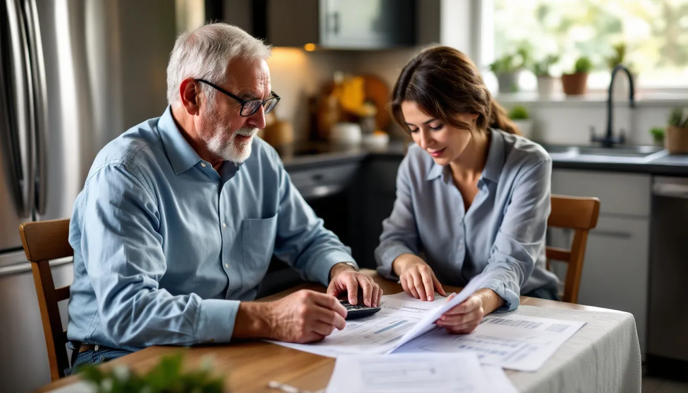 An older couple is seated at a kitchen table, reviewing financial documents that include retirement planning materials and a calculator, indicating their focus on managing their retirement income and savings. The scene suggests a discussion about fixed indexed annuities and the importance of claims paying ability for their financial future.