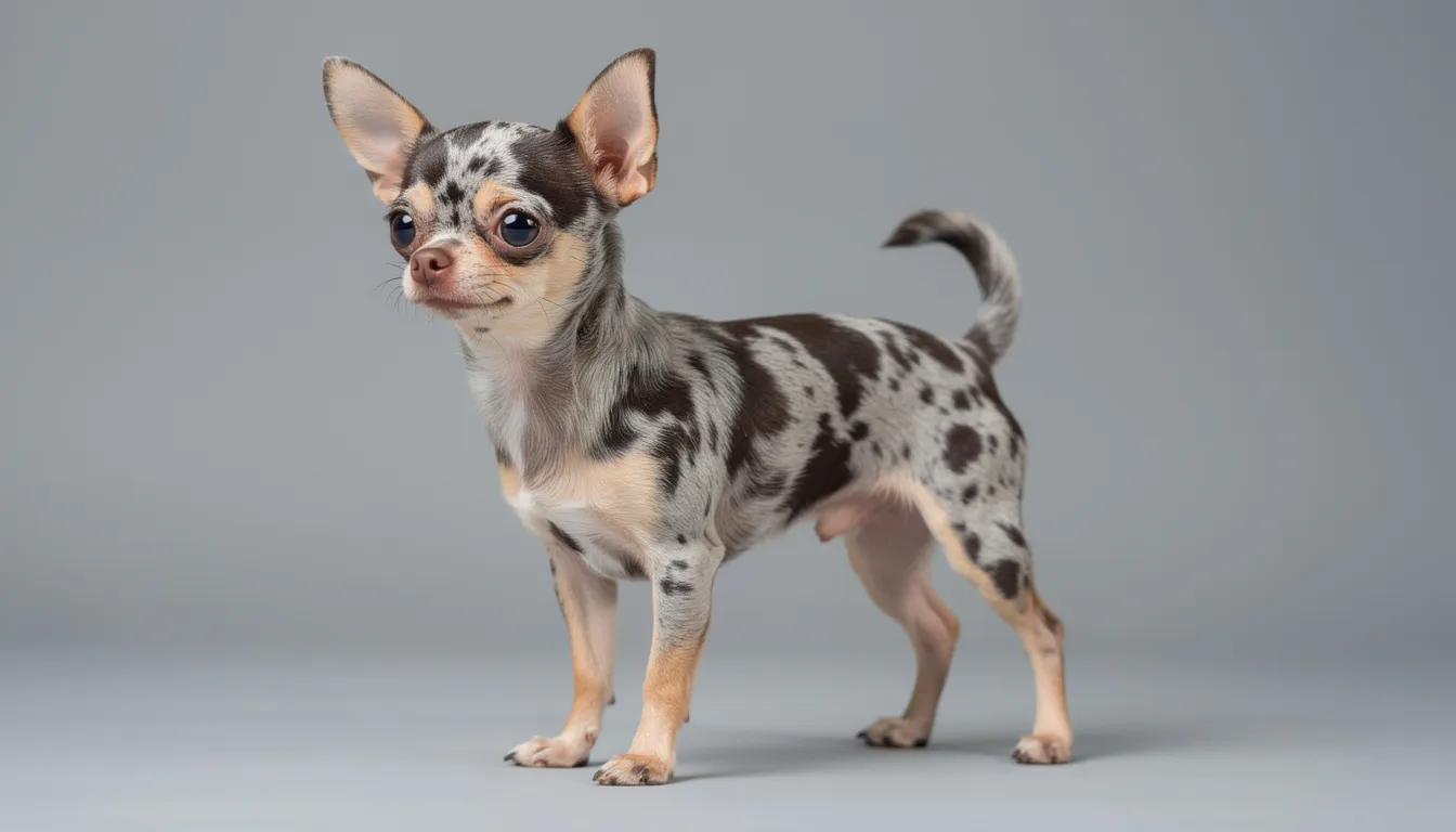 Na zdjęciu znajduje się chihuahua o charakterystycznym umaszczeniu merle, z nieregularnymi plamami na sierści. Ten uroczy piesek jest doskonałym przykładem hodowli chihuahua, a jego unikalny wygląd z pewnością przyciąga uwagę miłośników psów.