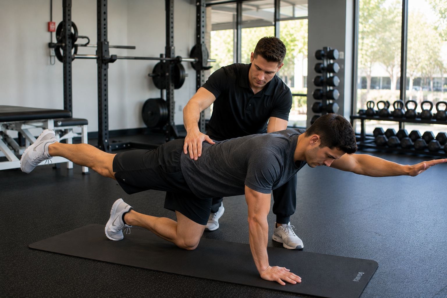 Physical therapist guiding a man through a core stability exercise in a rehabilitation gym setting