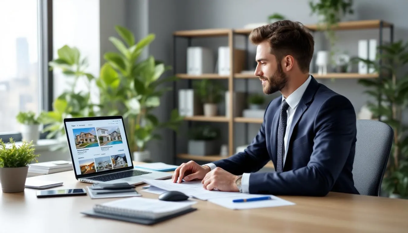 A real estate agent is focused on their laptop, which displays various property listings, highlighting their engagement in real estate digital marketing. This scene reflects the integration of technology in the real estate industry to attract potential buyers and enhance marketing strategies. A real estate agent is focused on their laptop, which displays various property listings, highlighting their engagement in real estate digital marketing. This scene reflects the integration of technology in the real estate industry to attract potential buyers and enhance marketing strategies.