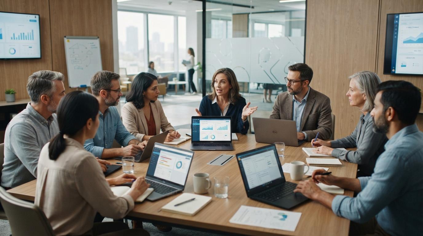 Education leaders and teachers discussing AI learning platforms around a conference table with laptops, evaluating digital education solutions.