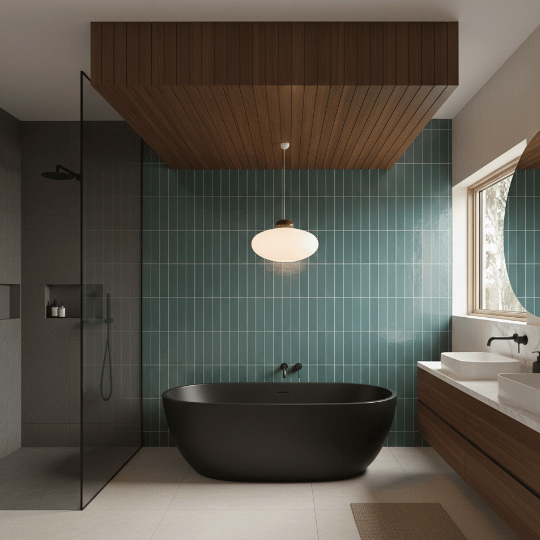 Contemporary bathroom with a wood slat ceiling, a modern pendant light over a black soaking tub, and teal tile walls.