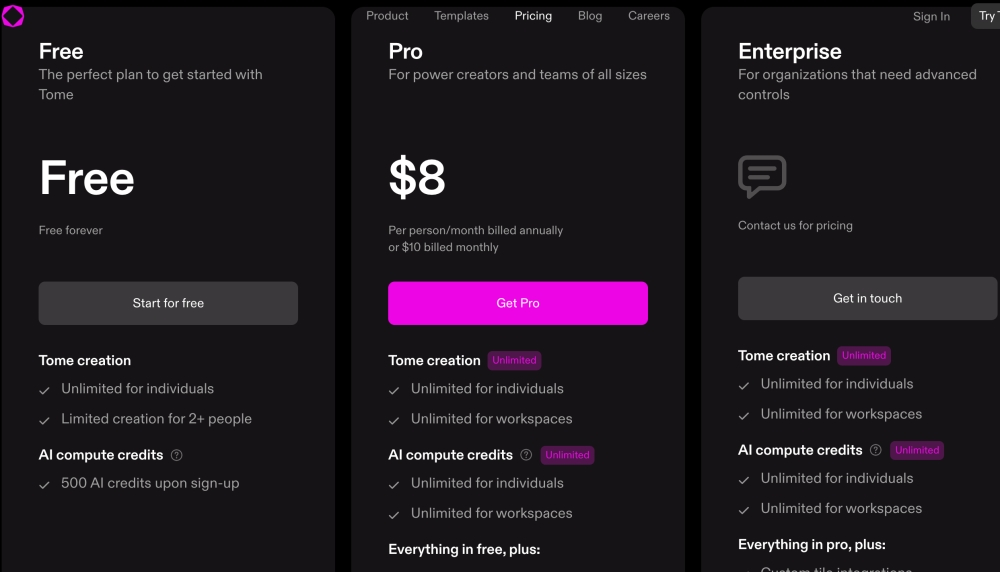tome ai pricing