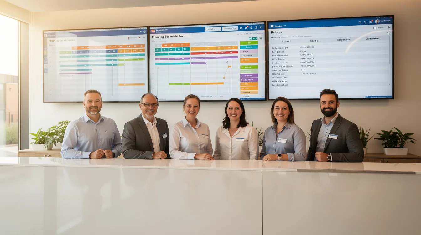 Une équipe souriante d'une agence de location de voitures se tient devant un comptoir moderne, avec des écrans affichant un planning des véhicules disponibles. Cette scène met en avant l'activité de gestion de flotte et de réservation pour les clients.