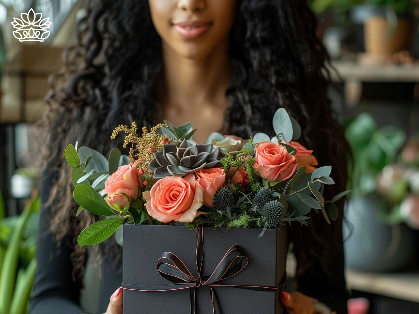 Woman presenting a luxurious gift box with a sophisticated arrangement of roses and succulents, from the Congratulations Gift Boxes Collection for your occasion by Fabulous Flowers and Gifts.