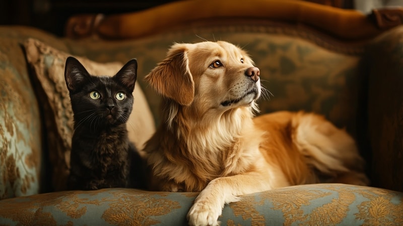 Senior pets sitting in comfortable room