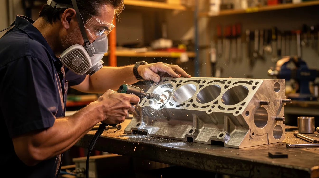 A person wearing safety glasses and a respirator is using a die grinder equipped with carbide burrs to perform porting and polishing on an aluminum cylinder head. The scene highlights the use of various tools, including cartridge rolls and flap wheels, as part of a professional polishing kit for enhancing cylinder intakes.