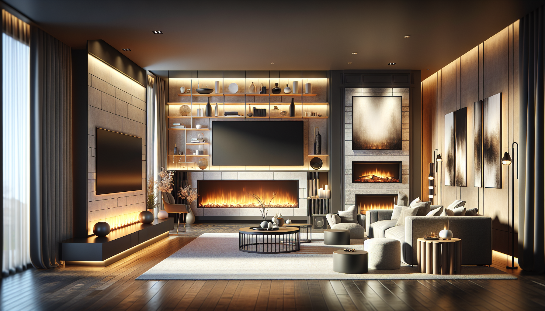 Different types of media wall fireplaces showcasing various styles and designs.