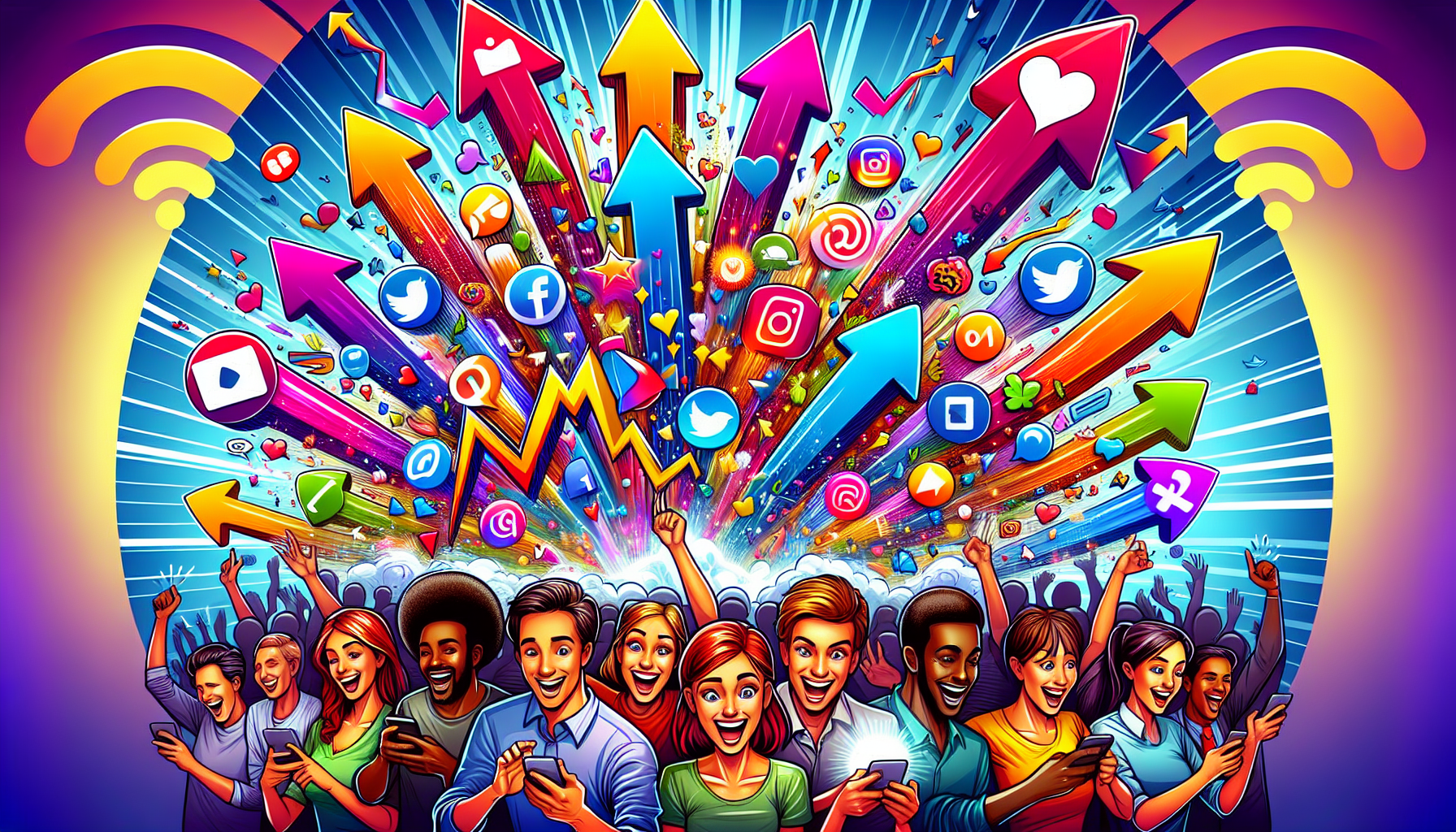 An illustration depicting the use of social media platforms for boosting online visibility.