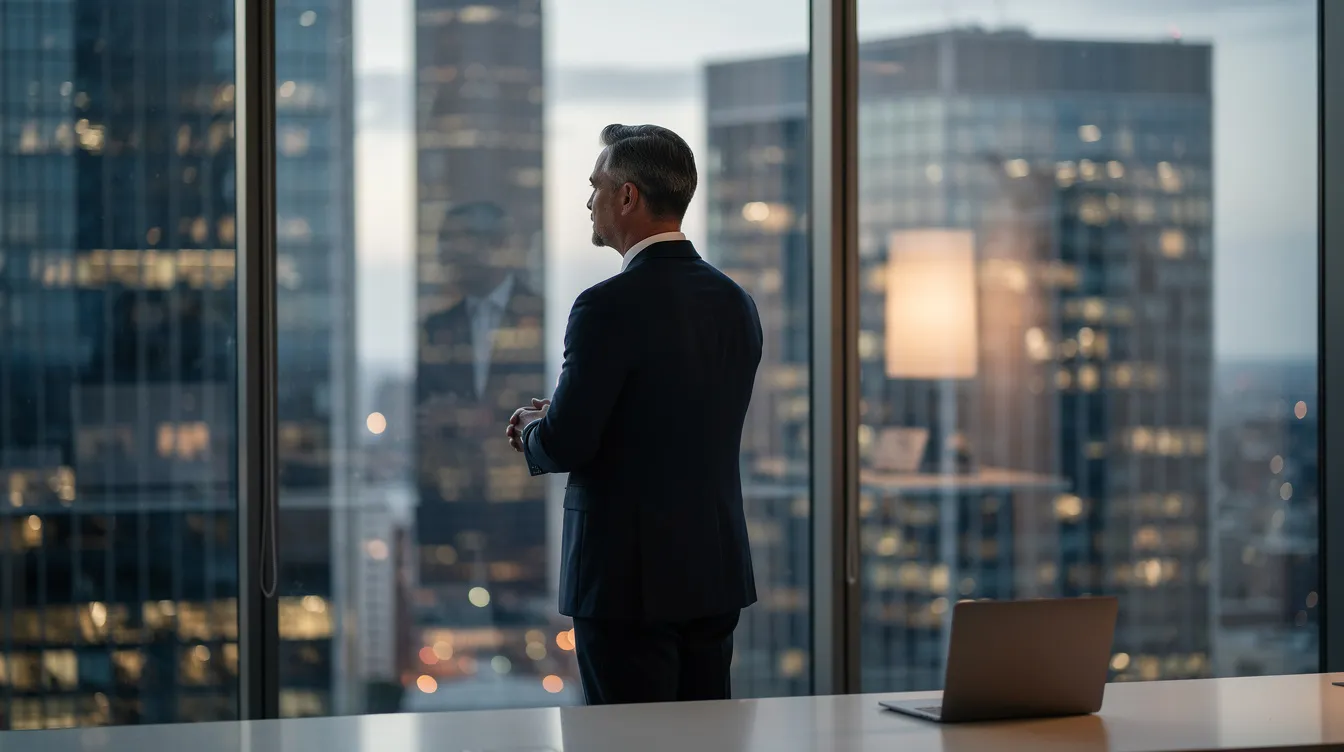 Un dirigeant d'entreprise se tient debout devant une baie vitrée, contemplant un paysage urbain. Sa posture réfléchie et confiante évoque l'importance du coaching professionnel pour les chefs d'entreprise, soulignant la nécessité de prendre des décisions éclairées pour le développement de leur activité.