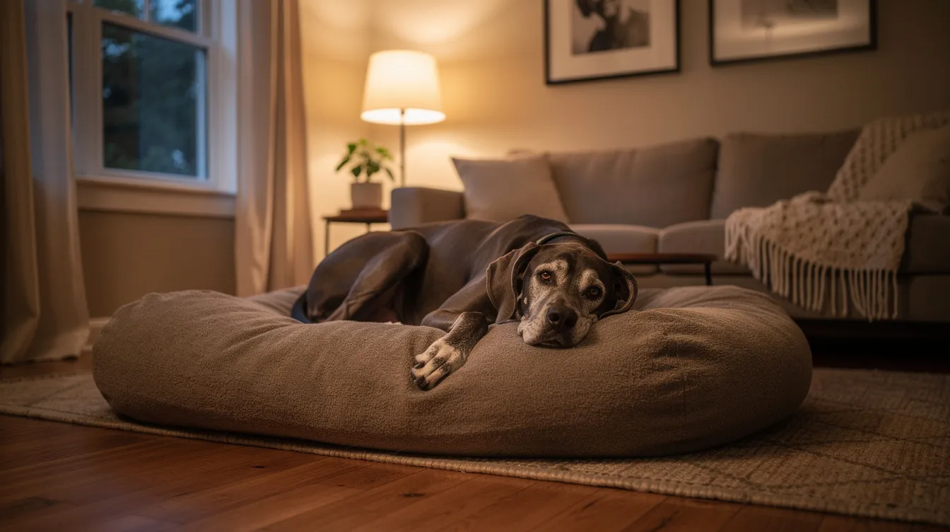 A Great Dane is comfortably lounging on a large dog bed in a cozy living room, showcasing its gentle temperament and regal appearance. This giant breed, known for being one of the tallest dogs, exudes a calm presence, making it a beloved family pet.