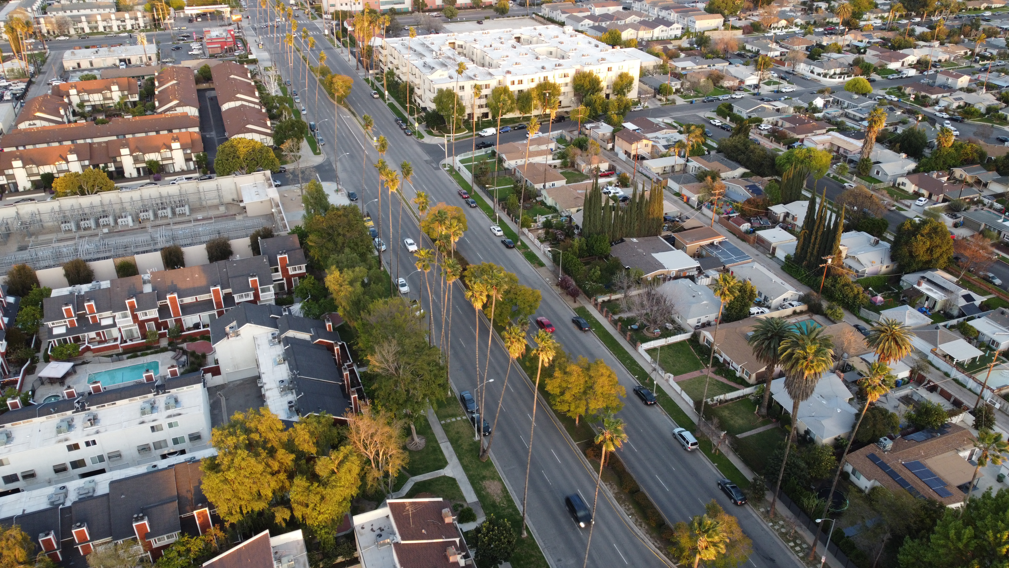 Overhead drone view of Sherman Way in Reseda Ca