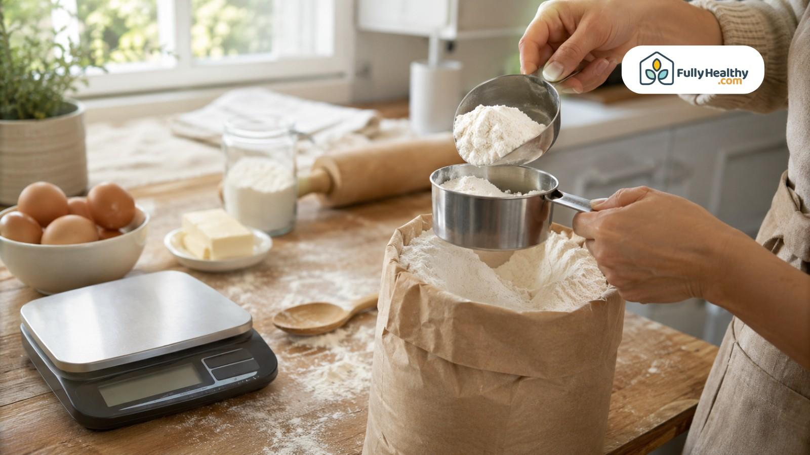 Hands scooping flour from paper bag beside scale and baking ingredients