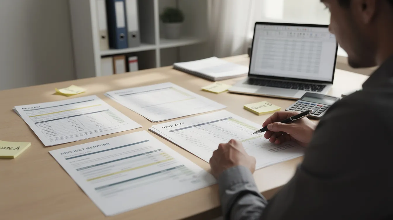 A person is seated at a workspace, carefully reviewing printed project report documents alongside vendor quotations, indicating a focus on financial planning for a business. This setting suggests the individual may be preparing to apply for a business loan under the Pradhan Mantri Mudra Yojana, emphasizing the importance of a satisfactory credit track record and financial assistance for micro enterprises.