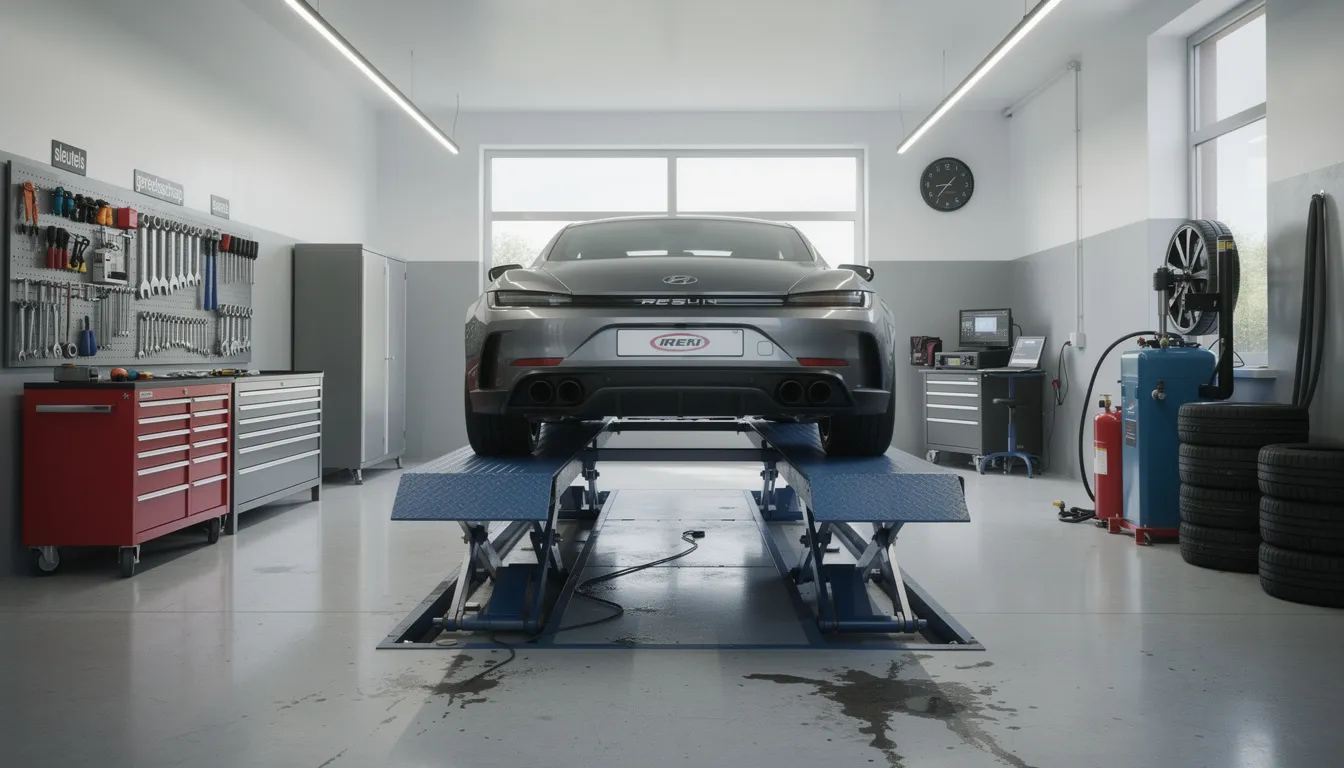 Een auto staat op een hefbrug in een moderne garage, omringd door verschillende gereedschappen en apparatuur voor onderhoud. Deze setting is ideaal voor het uitvoeren van een grote beurt of andere onderhoudsbeurten, zodat de auto langer meegaat en in topconditie blijft.